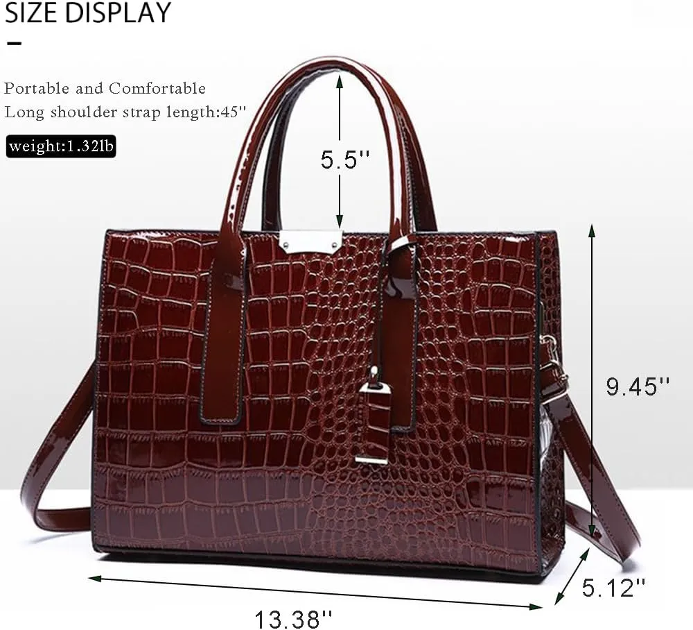 Patent Leather Tote Purse for Women Crocodile Print Glossy Shoulder Handbag Work Top-handle Satchel Crossbody Bag