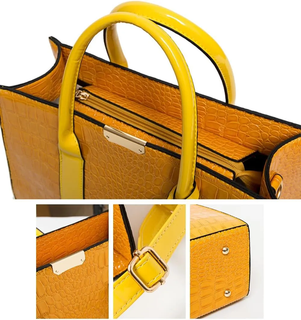 Patent Leather Tote Purse for Women Crocodile Print Glossy Shoulder Handbag Work Top-handle Satchel Crossbody Bag