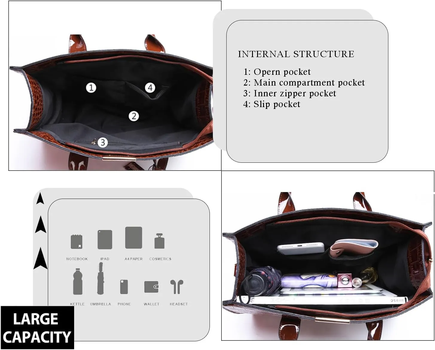 Patent Leather Tote Purse for Women Crocodile Print Glossy Shoulder Handbag Work Top-handle Satchel Crossbody Bag