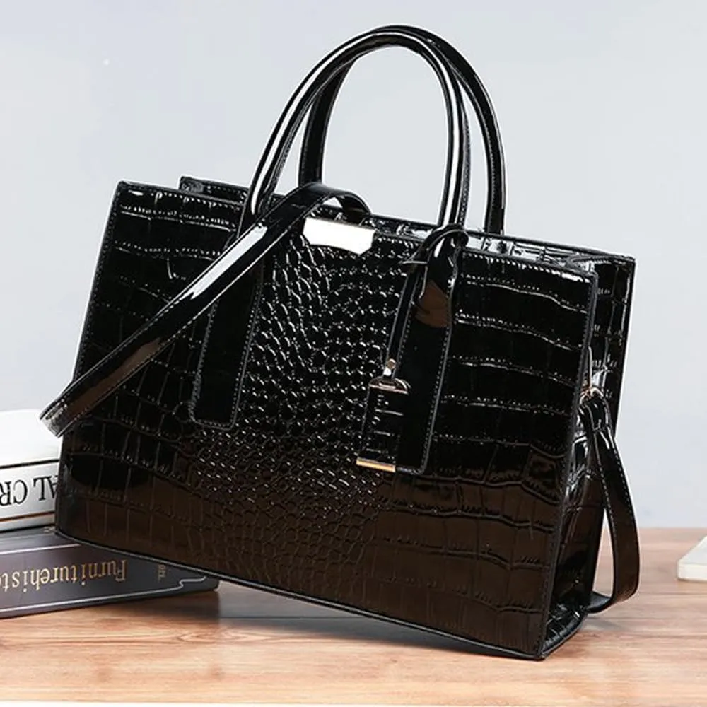 Patent Leather Tote Purse for Women Crocodile Print Glossy Shoulder Handbag Work Top-handle Satchel Crossbody Bag
