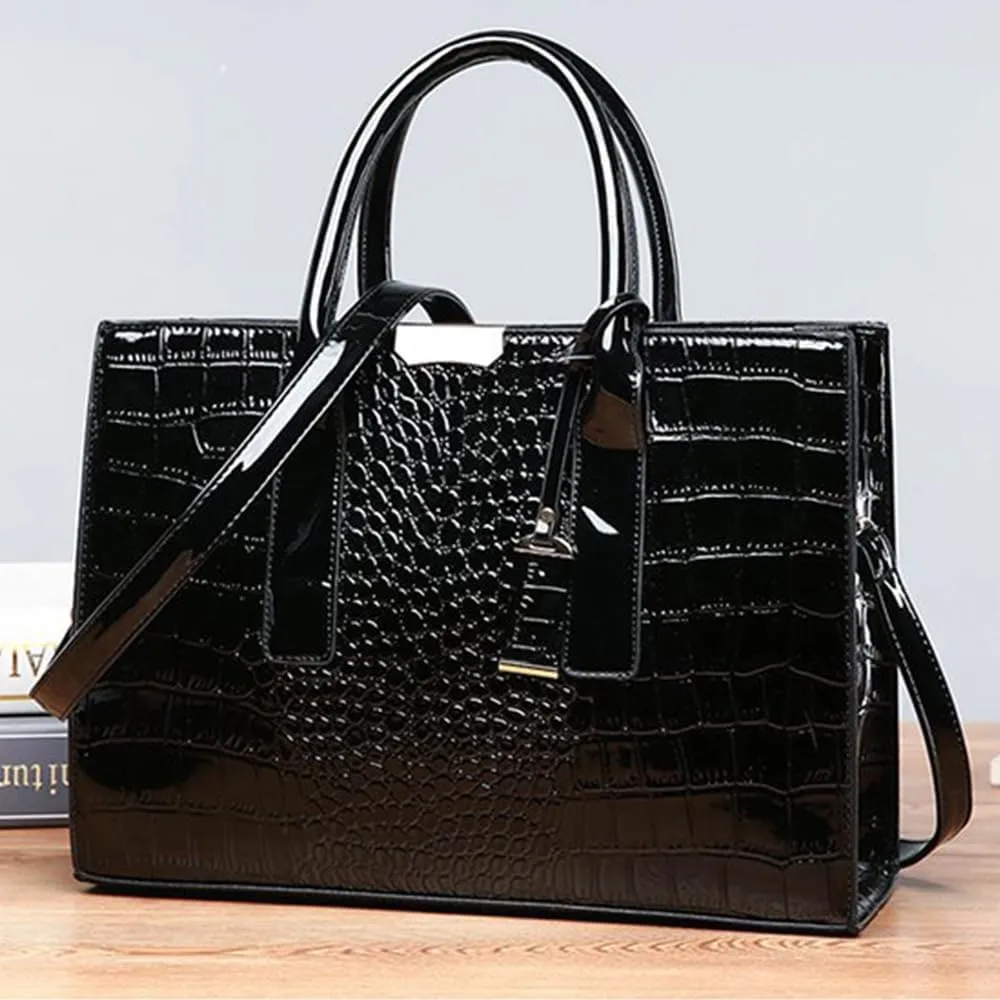 Patent Leather Tote Purse for Women Crocodile Print Glossy Shoulder Handbag Work Top-handle Satchel Crossbody Bag