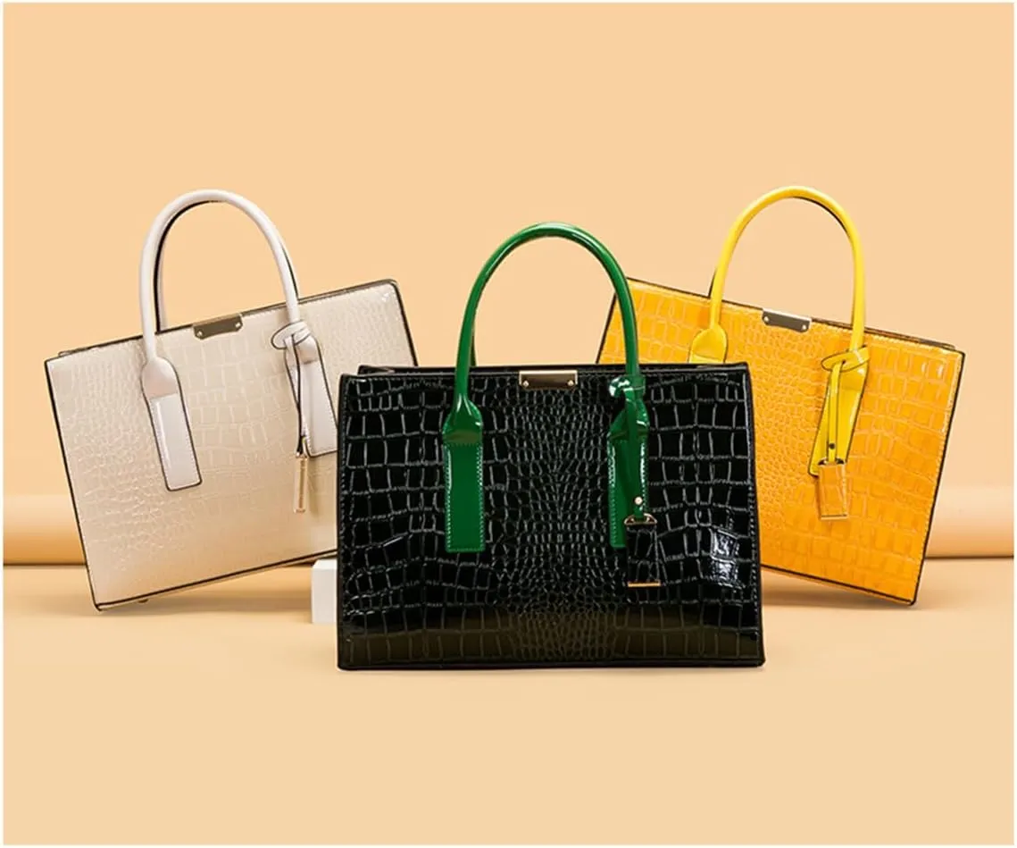 Patent Leather Tote Purse for Women Crocodile Print Glossy Shoulder Handbag Work Top-handle Satchel Crossbody Bag