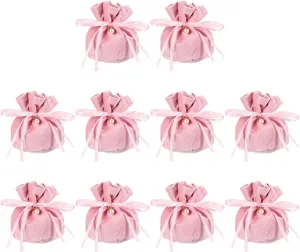 PATIKIL Velvet Drawstring Bags 6"x6", 10 Pcs Velvet Gift Bag with Pearl, Mini Candy Packaging Storage Pouches for Christmas Jewelry Webbing Party Favor, Pink
