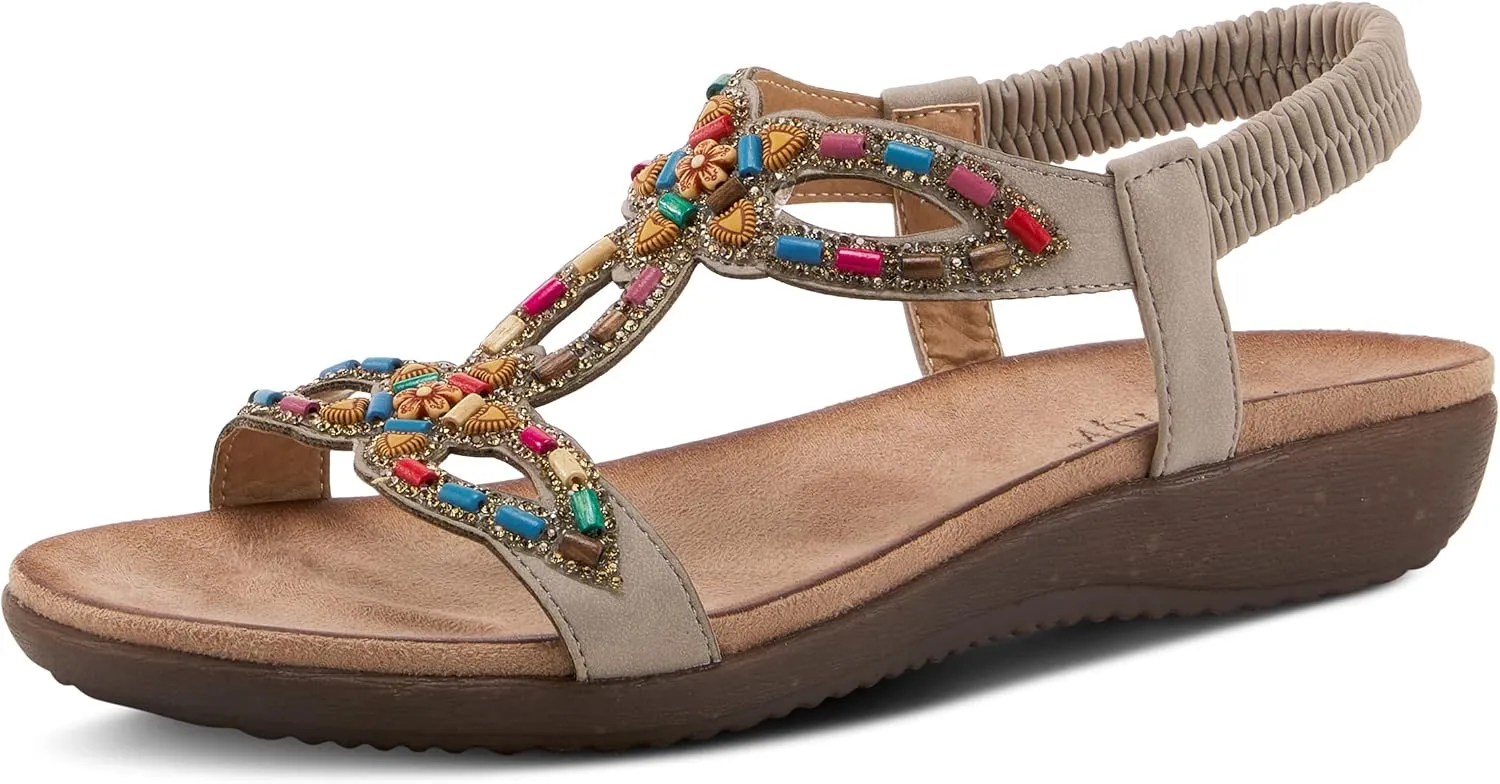 PATRIZIA Volcanic Women's Slingback T-Strap Sandals – Sandals with Slip-On Comfort, Microsuede Insole, Beaded Floral Design