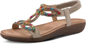 PATRIZIA Volcanic Women's Slingback T-Strap Sandals – Sandals with Slip-On Comfort, Microsuede Insole, Beaded Floral Design