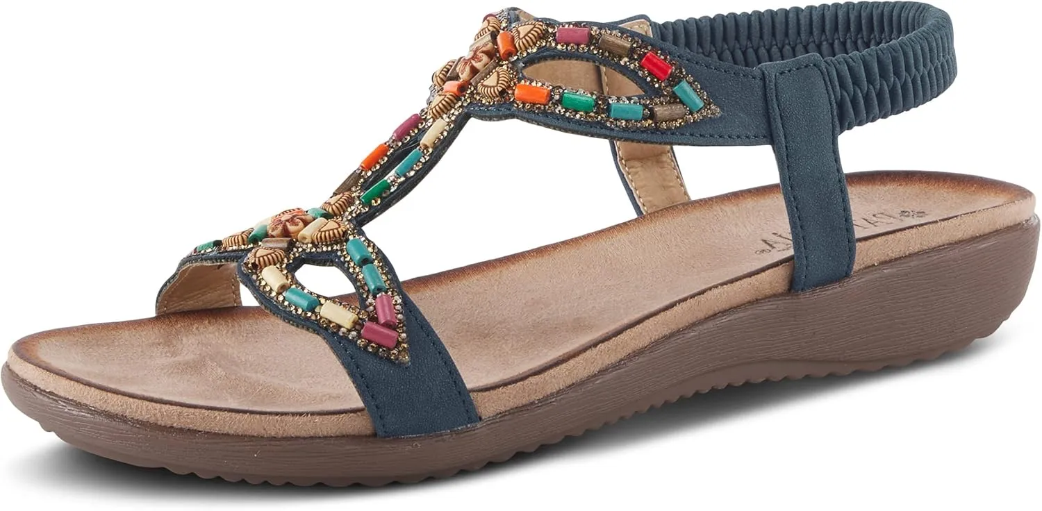 PATRIZIA Volcanic Women's Slingback T-Strap Sandals – Sandals with Slip-On Comfort, Microsuede Insole, Beaded Floral Design