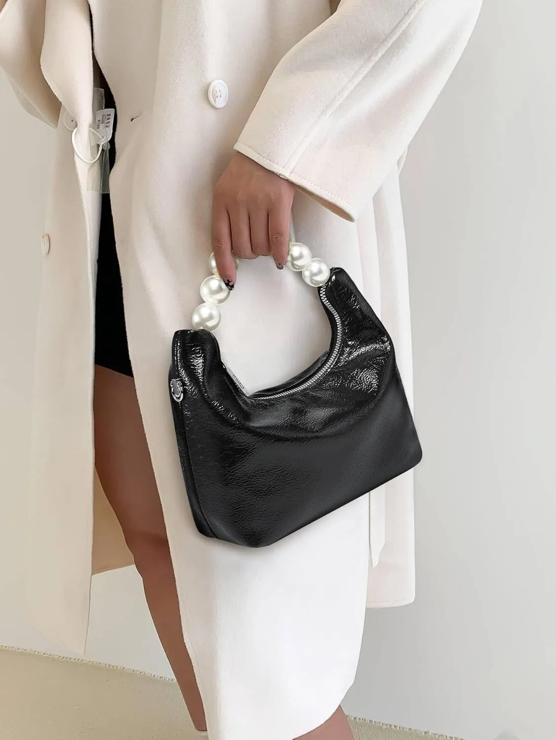 Pearl Handle Evening Clutch Purse for Women - Stylish Small Top Handle Handbags with Detachable Chain Strap for Wedding Party
