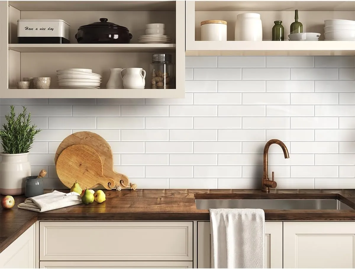 Peel and Stick Subway Tile Backsplash (Luxury Stone Composite - Ceramic White 2.5" x10"Brick x 42 pcs) for Kitchen, Bathroom, Accent Wall - Tile for Remodelling