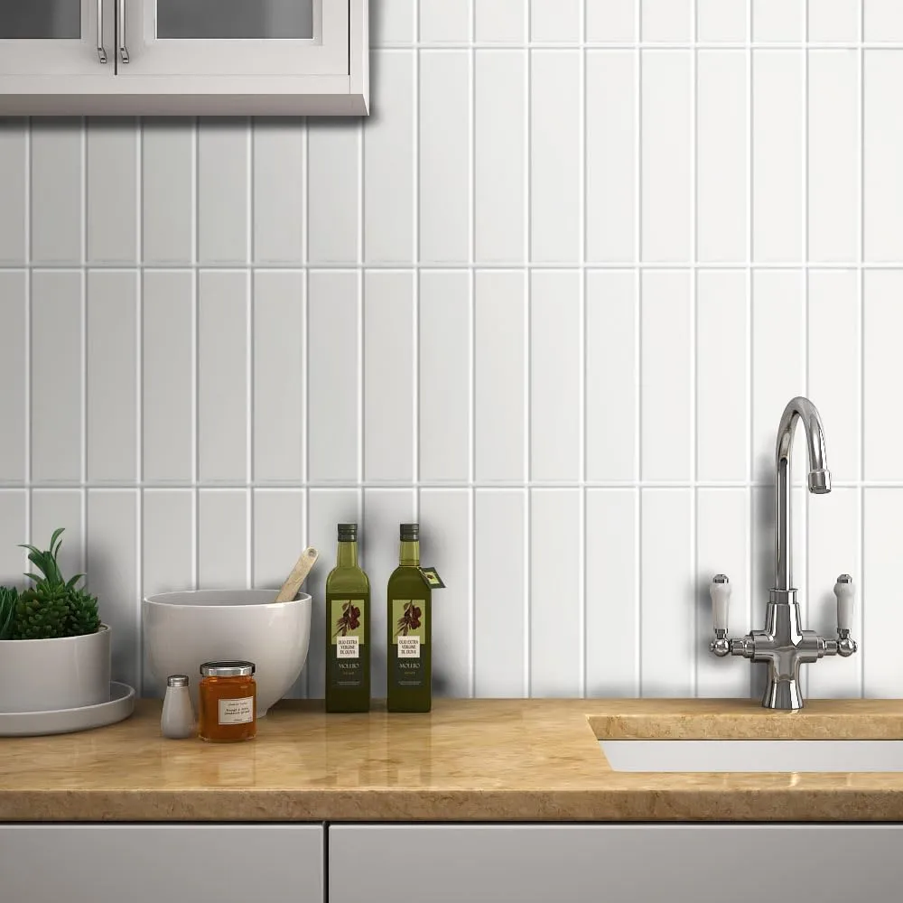 Peel and Stick Subway Tile Backsplash (Luxury Stone Composite - Ceramic White 2.5" x10"Brick x 42 pcs) for Kitchen, Bathroom, Accent Wall - Tile for Remodelling