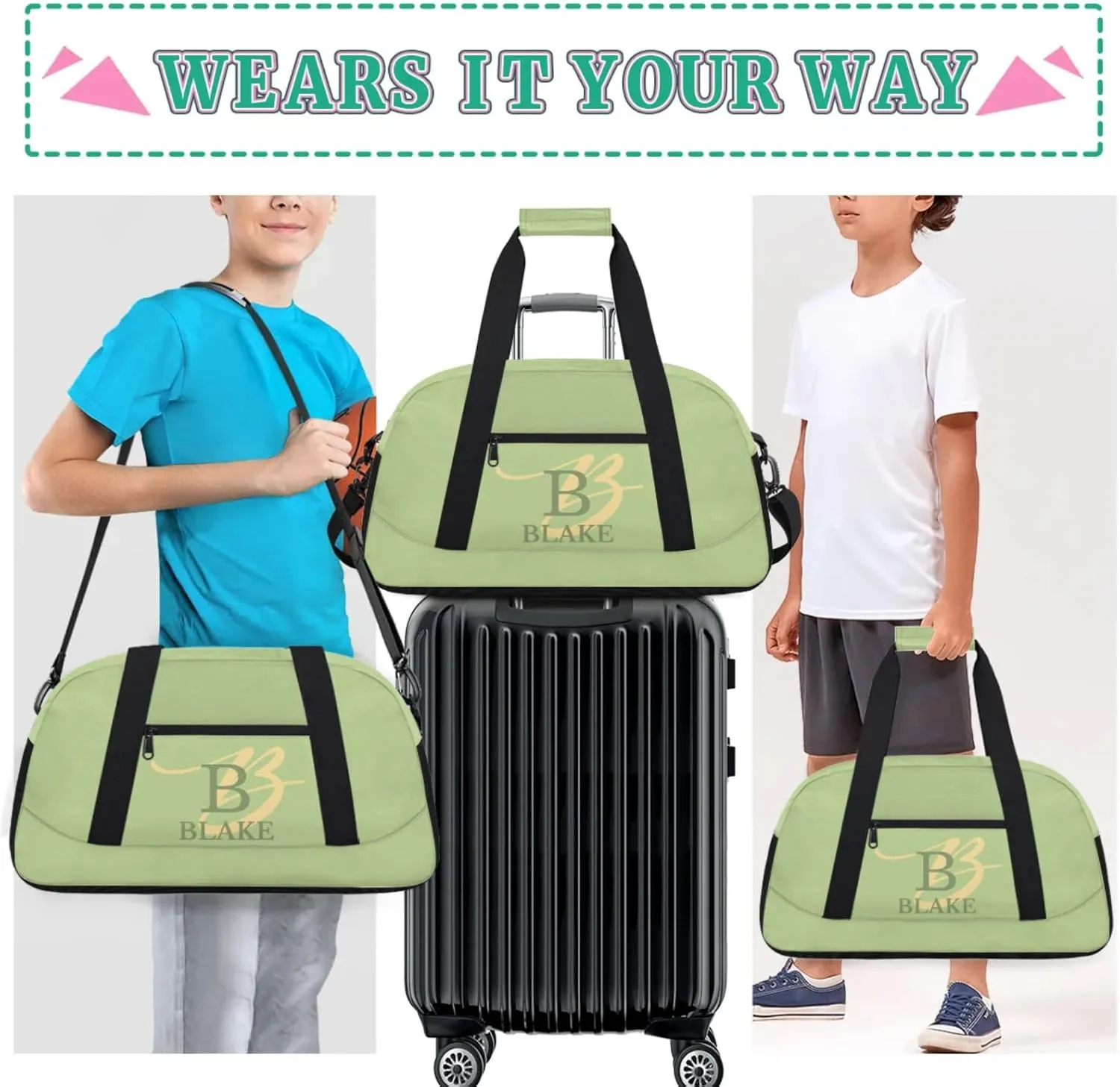 Personalize-Kids-Green-Duffel-Bags With Custom Capital Name Text Dance-Sports-Bags Lightweight Carry-On Overnight Travel Gym for Girls Boys
