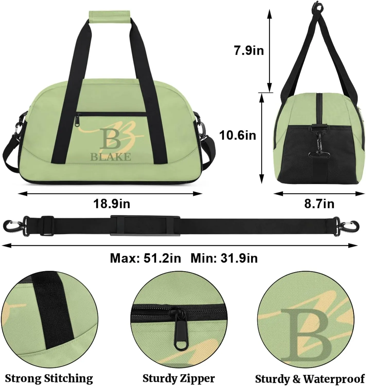 Personalize-Kids-Green-Duffel-Bags With Custom Capital Name Text Dance-Sports-Bags Lightweight Carry-On Overnight Travel Gym for Girls Boys