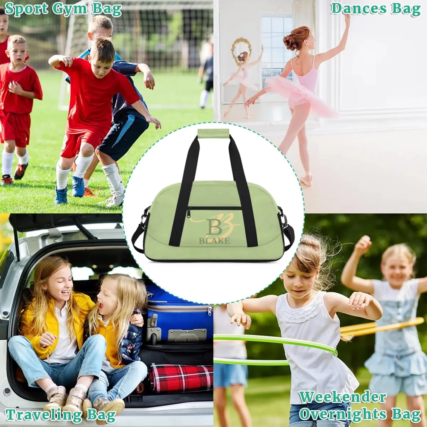 Personalize-Kids-Green-Duffel-Bags With Custom Capital Name Text Dance-Sports-Bags Lightweight Carry-On Overnight Travel Gym for Girls Boys