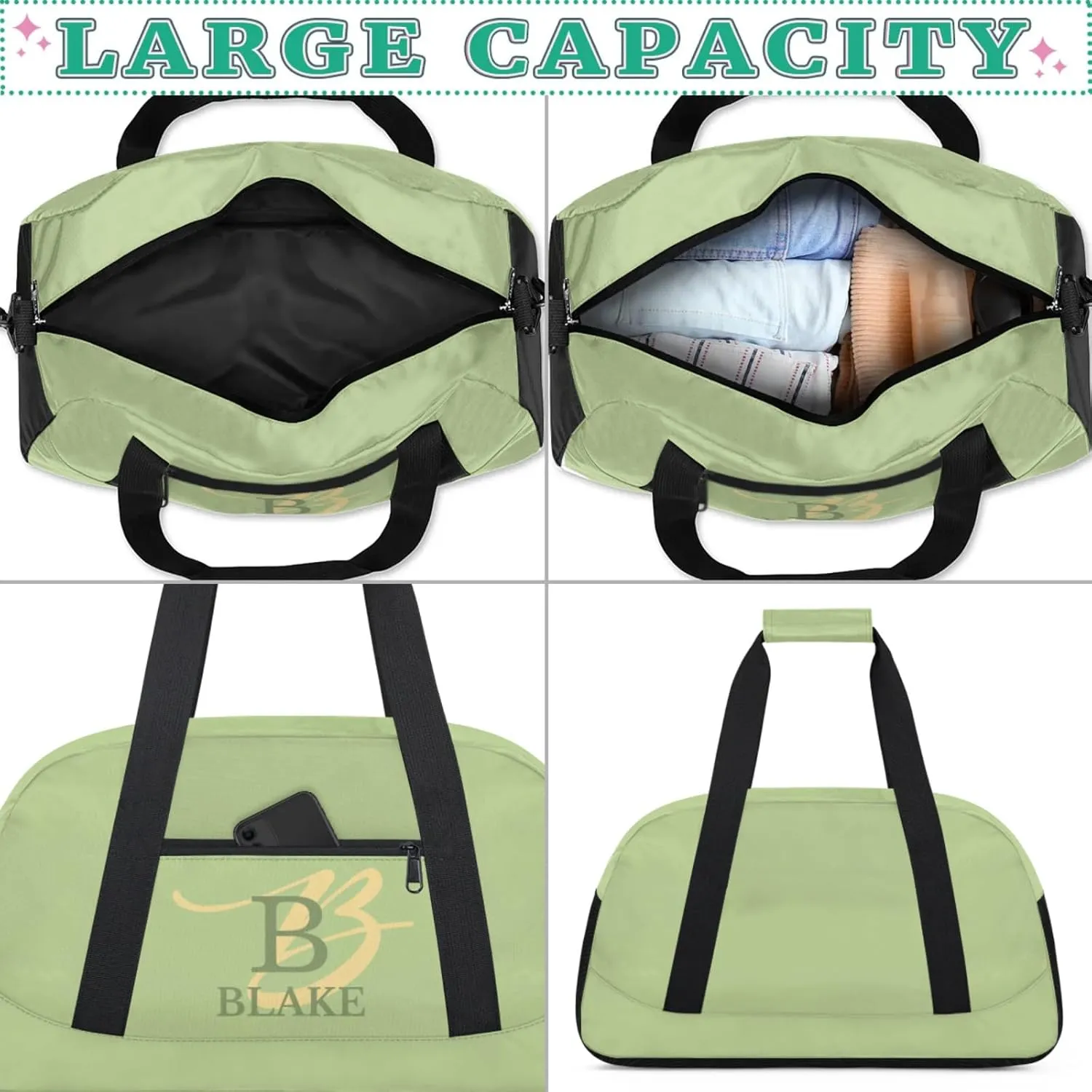 Personalize-Kids-Green-Duffel-Bags With Custom Capital Name Text Dance-Sports-Bags Lightweight Carry-On Overnight Travel Gym for Girls Boys