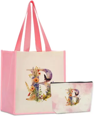Personalized Canvas Tote & Makeup Initial Monogrammed Canvas Bag for Women - Work, Birthday, Christmas