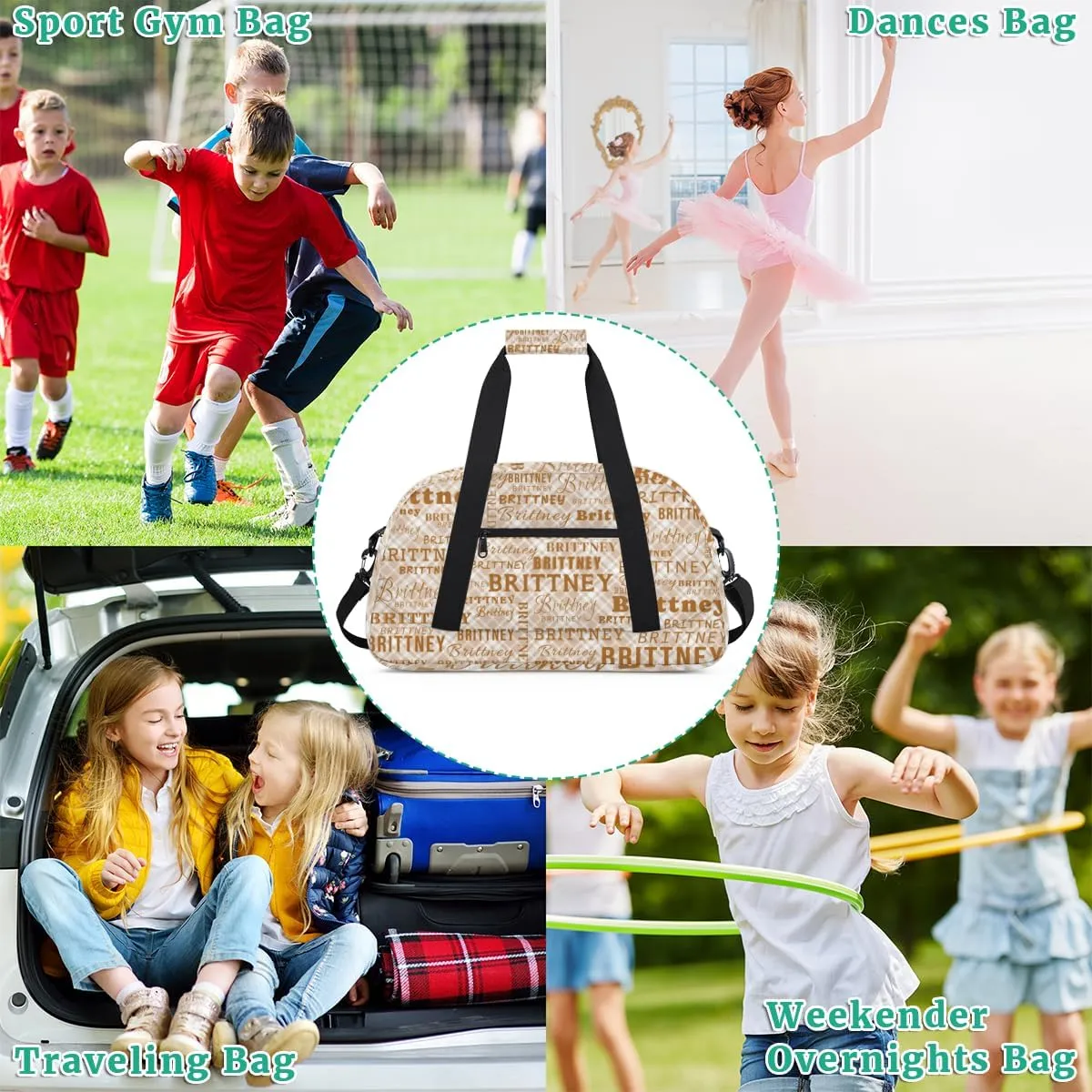 Personalized Duffel Bag Custom Dance Bag for Girls Customized Kids Gymnastics Creative Name Ballet Bag Overnighter Travel Carry on Tote Sport for Boys Backpack Brown