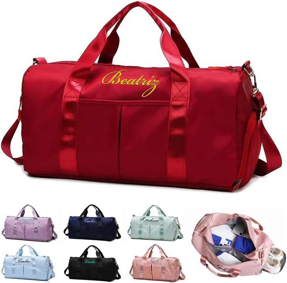 Personalized Duffel Bag Customized Sports Bags with Name Customized Travel Weekend Overnight Bags Customized Dance Bag with Wet Bag and Shoe Compartment(Red)