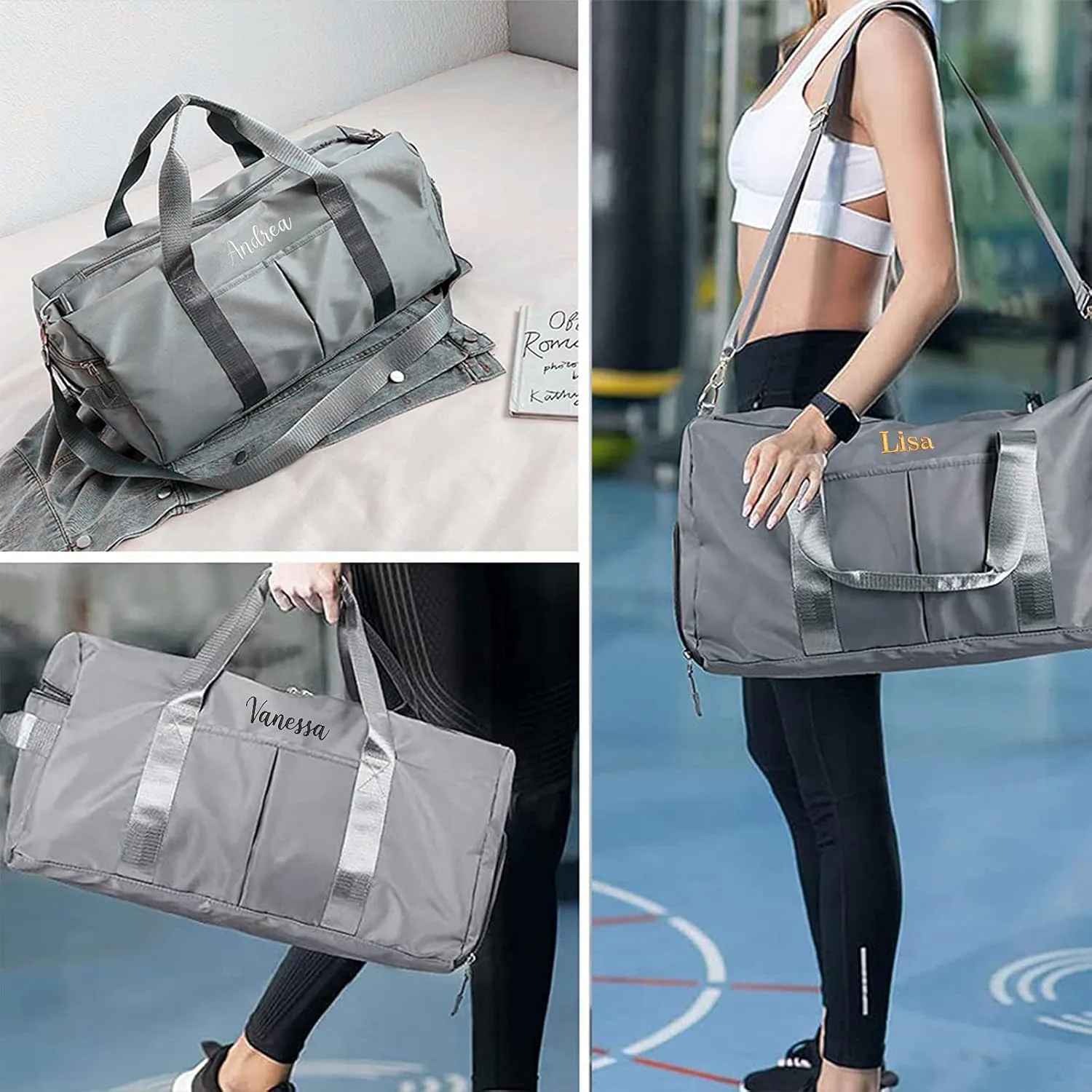 Personalized Duffel Bag Embroidered Sports Gym Bag Travel with Wet Dry Pockets & Shoe Compartment Gift For Groomsman,Bridesmaid (Gray)