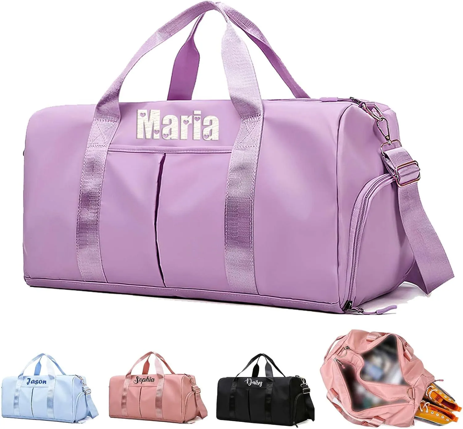 Personalized Duffel Bags Custom Gym Weekender Overnight Bag with Shoe Compartment, Name Embroidered Waterproof Travel Bags for Women Men, Purple