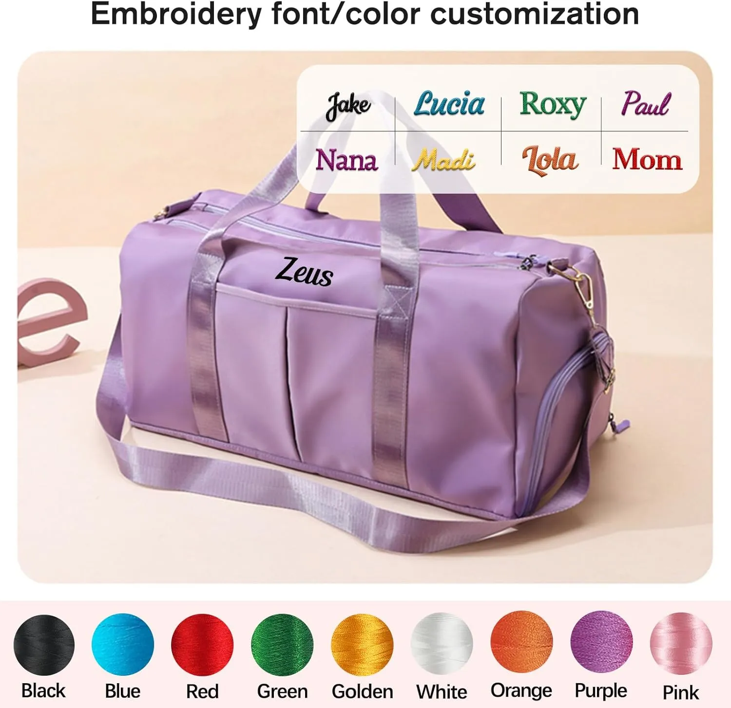 Personalized Duffel Gym Bag for Women,Custom Embroidered Name Weekend Overnight Bag with Shoe Compartment Wet/Dry Pocket