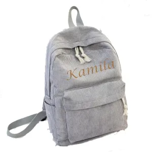 Personalized Embroidered Backpack, Custom Name Backpack, Embroidered Backpack Adult, Corduroy Backpack Kids, Grey, embroidery name