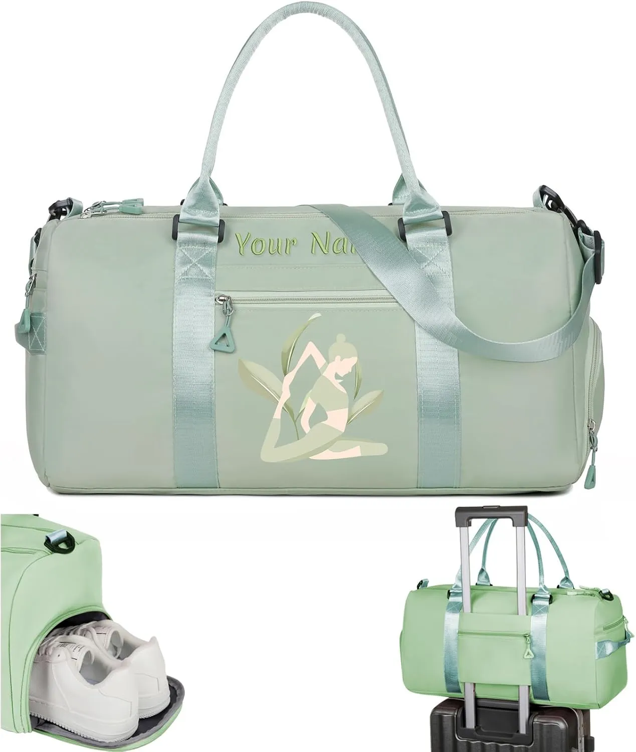 Personalized Embroidered Duffel Bag, Custom Sports Gym Bag with Name for Man Women, Girls Dance Bag Weekend Bag Travel Bag - with Shoulder Strap & Wet Dry Pockets & Shoe Compartment - Mint Green