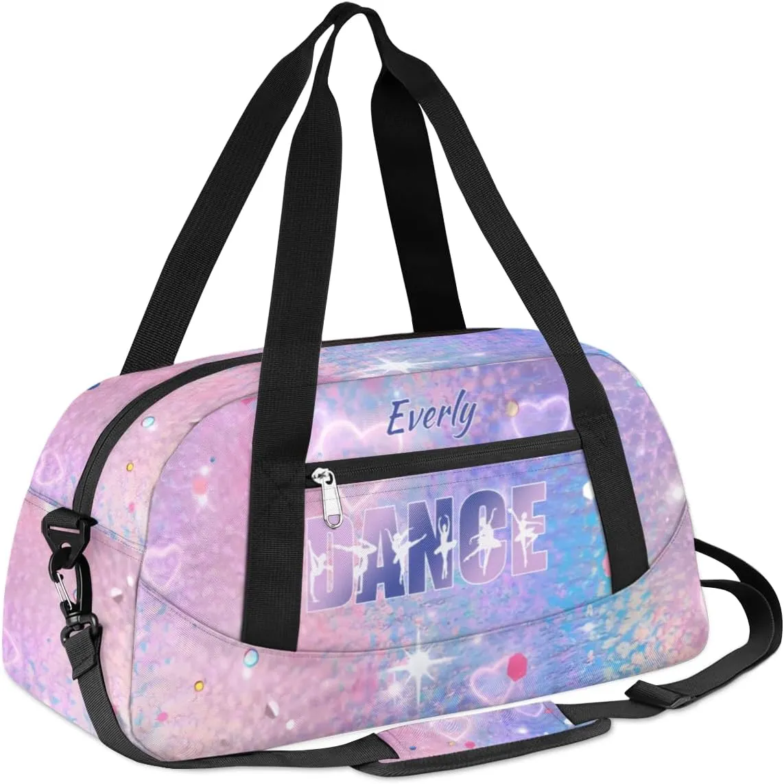 Personalized Gym Bag for Girls Teens, Custom Dance Bag Overnight Small Duffel Bag Carry On Weekend Sports Travel Bag for School Practice Gymnastics Ballet, Colorful Heart Stars