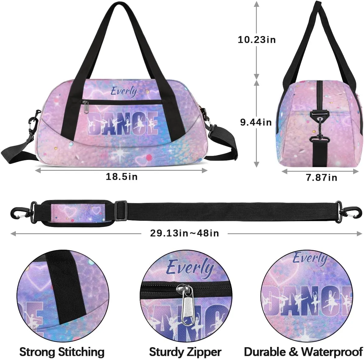 Personalized Gym Bag for Girls Teens, Custom Dance Bag Overnight Small Duffel Bag Carry On Weekend Sports Travel Bag for School Practice Gymnastics Ballet, Colorful Heart Stars
