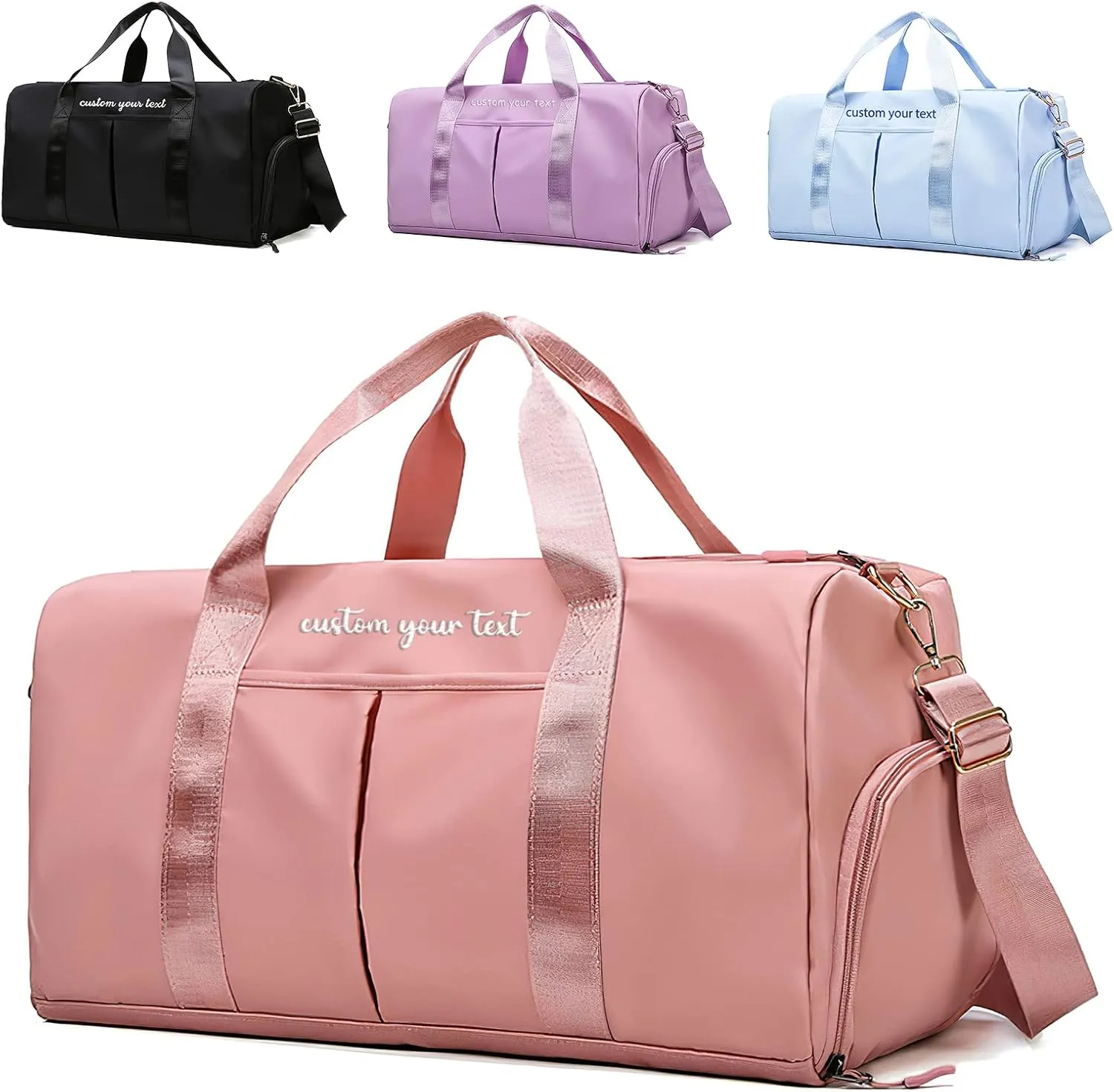 Personalized Initial Duffle Bag Custom Weekender Overnight Bags with Embroidery Name Sports Gym Travel Bags with Wet Dry Pockets Bridal Gift for Women Bridesmaid（Pink）