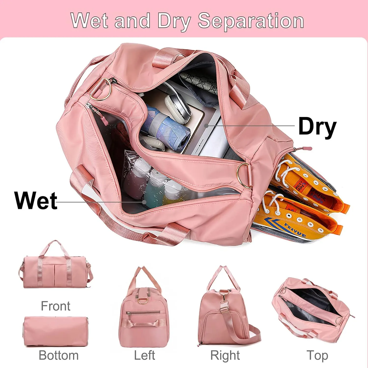 Personalized Initial Duffle Bag Custom Weekender Overnight Bags with Embroidery Name Sports Gym Travel Bags with Wet Dry Pockets Bridal Gift for Women Bridesmaid（Pink）