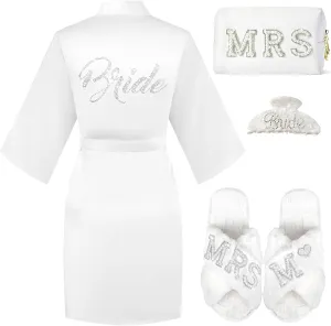 Personalized Initial Wedding Bride Slippers, Bridal Shower Gifts, to Be Gifts, Robe Hair Clip MRS Makeup Bag