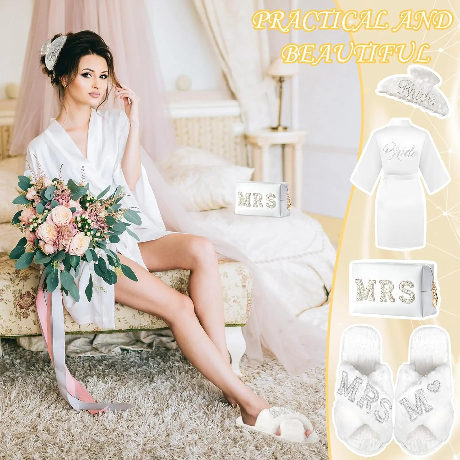 Personalized Initial Wedding Bride Slippers, Bridal Shower Gifts, to Be Gifts, Robe Hair Clip MRS Makeup Bag