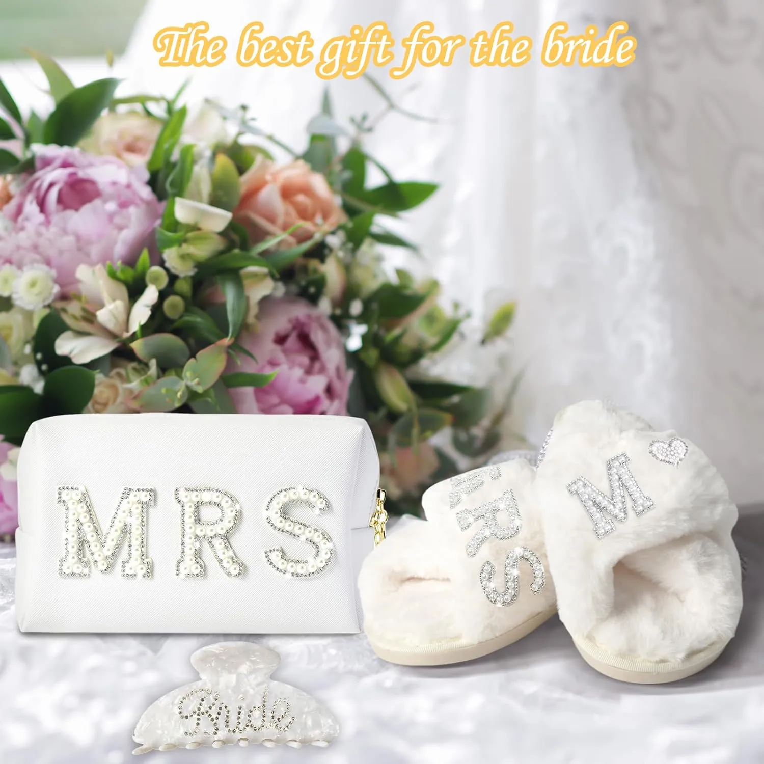 Personalized Initial Wedding Bride Slippers, Bridal Shower Gifts, to Be Gifts, Robe Hair Clip MRS Makeup Bag