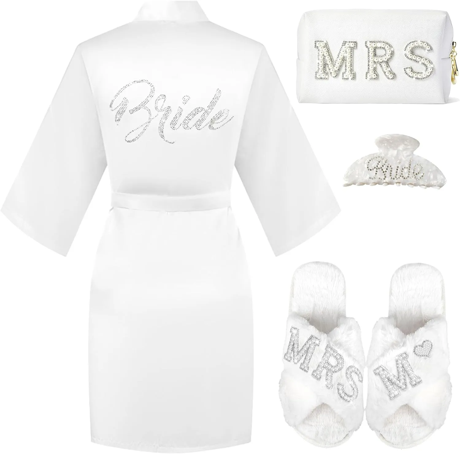 Personalized Initial Wedding Bride Slippers, Bridal Shower Gifts, to Be Gifts, Robe Hair Clip MRS Makeup Bag