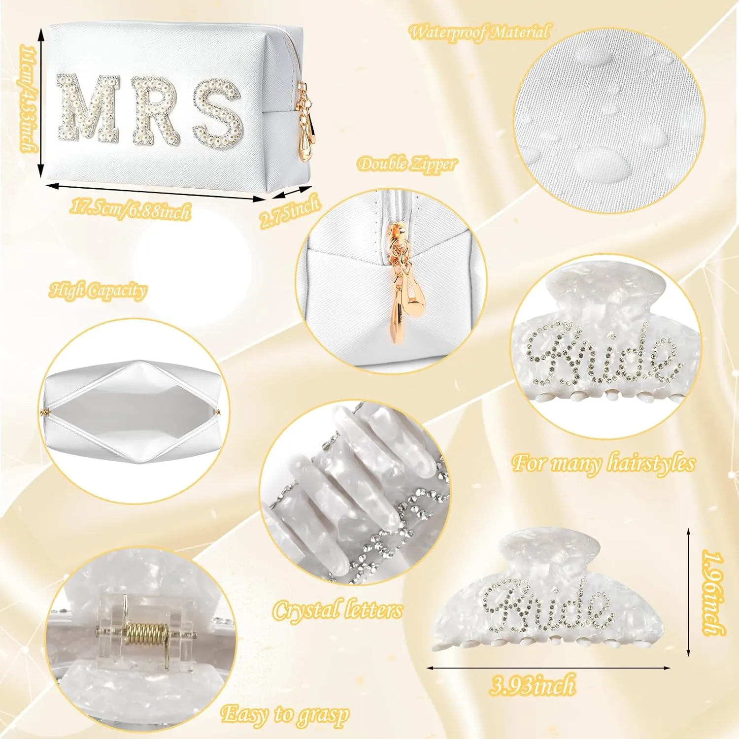 Personalized Initial Wedding Bride Slippers, Bridal Shower Gifts, to Be Gifts, Robe Hair Clip MRS Makeup Bag
