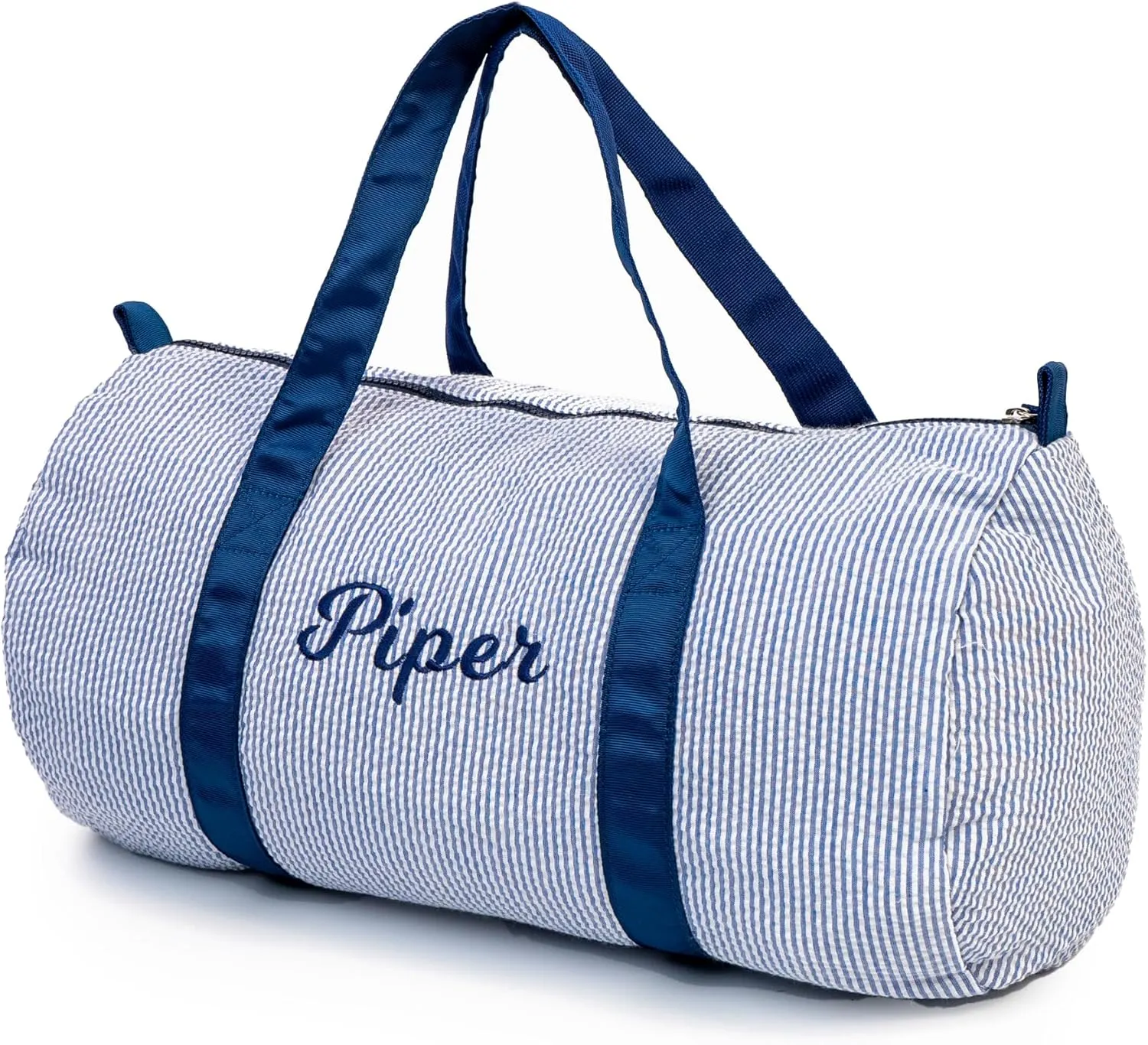 Personalized Kids Overnight Seersucker Duffle Bag - Lightweight Weekender for Toddler Boys, Baby Weekend Beach Sleepover, Daycare - New Born Gifts (Blue)