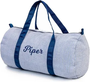 Personalized Kids Overnight Seersucker Duffle Bag - Lightweight Weekender for Toddler Boys, Baby Weekend Beach Sleepover, Daycare - New Born Gifts (Blue)