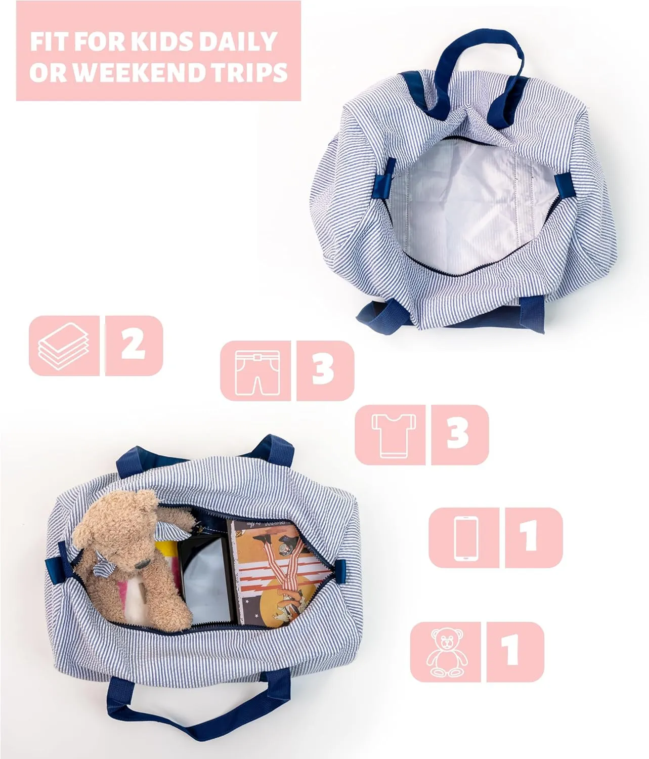 Personalized Kids Overnight Seersucker Duffle Bag - Lightweight Weekender for Toddler Boys, Baby Weekend Beach Sleepover, Daycare - New Born Gifts (Blue)