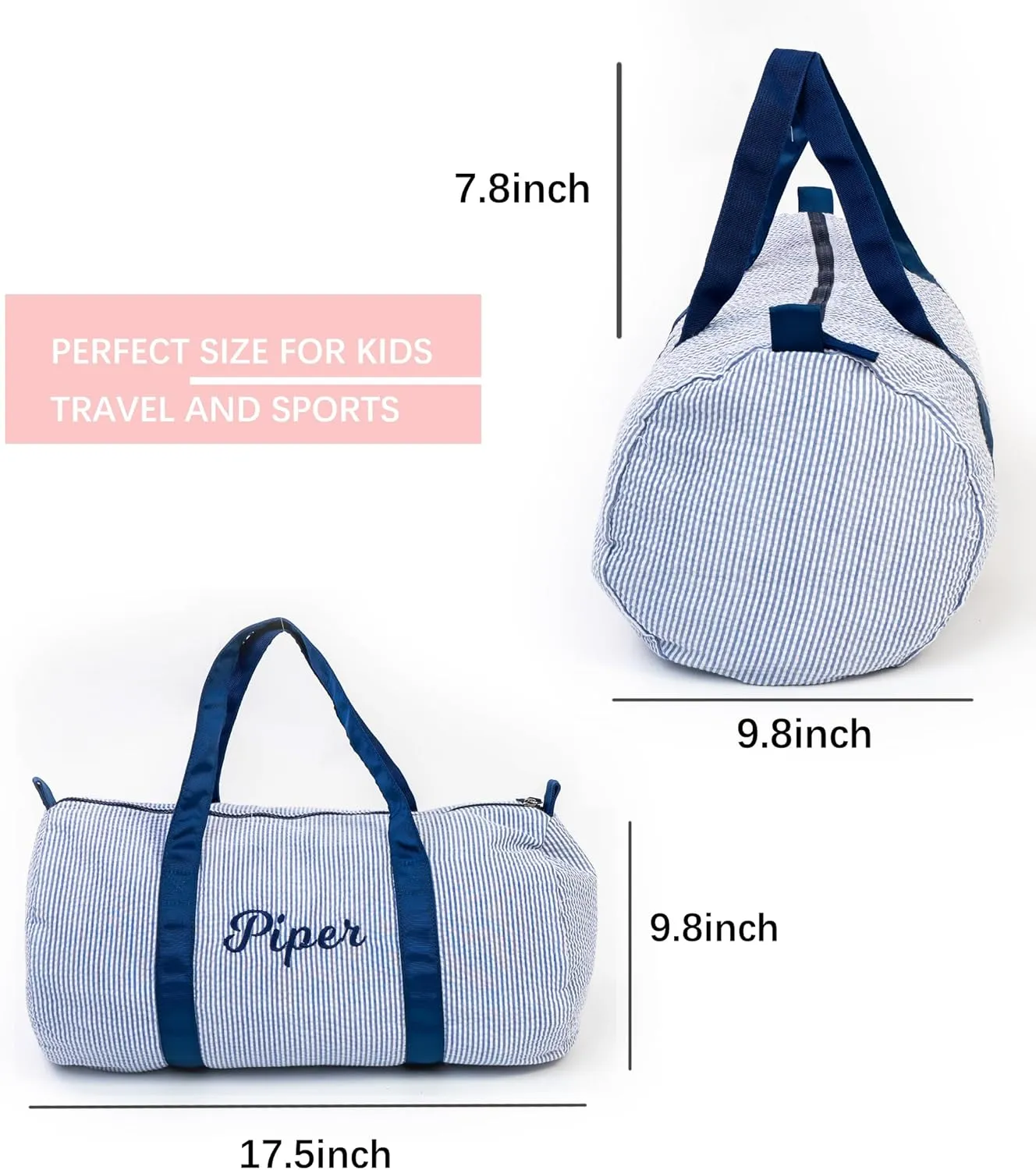 Personalized Kids Overnight Seersucker Duffle Bag - Lightweight Weekender for Toddler Boys, Baby Weekend Beach Sleepover, Daycare - New Born Gifts (Blue)
