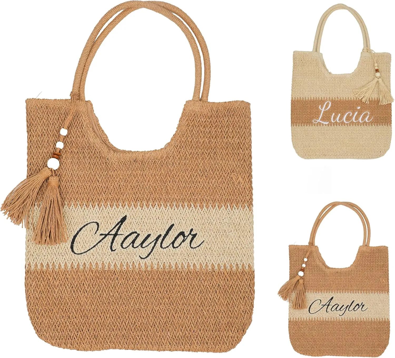 Personalized Large Capacity Straw Beach Bags for Women, Girl Large Tote Bag with Embroidered Name, Cute Handbag with Tassels, Perfect for Shopping, Walking, Traveling, Seaside, Honeymoon