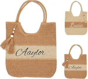 Personalized Large Capacity Straw Beach Bags for Women, Girl Large Tote Bag with Embroidered Name, Cute Handbag with Tassels, Perfect for Shopping, Walking, Traveling, Seaside, Honeymoon
