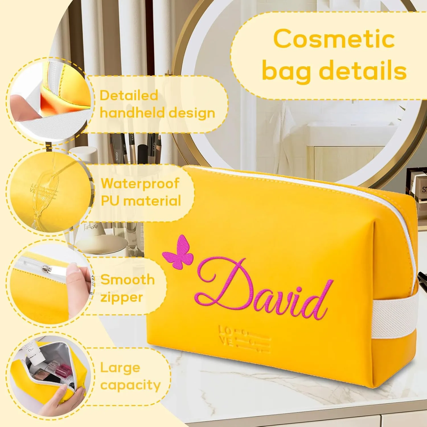 Personalized Makeup Bag, Custom Cosmetic Bag with Embroidered Name PU Leather Travel Organizer Toiletry Bag Make Up Bags, Gift for Bridesmaid Bride Wedding (Yellow)