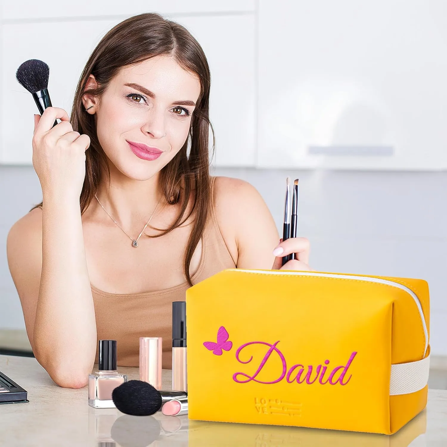 Personalized Makeup Bag, Custom Cosmetic Bag with Embroidered Name PU Leather Travel Organizer Toiletry Bag Make Up Bags, Gift for Bridesmaid Bride Wedding (Yellow)