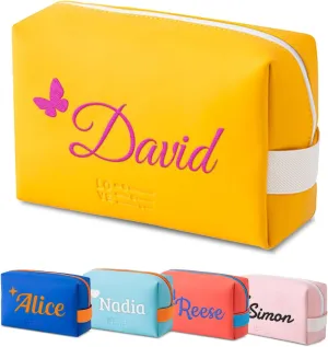 Personalized Makeup Bag, Custom Cosmetic Bag with Embroidered Name PU Leather Travel Organizer Toiletry Bag Make Up Bags, Gift for Bridesmaid Bride Wedding (Yellow)