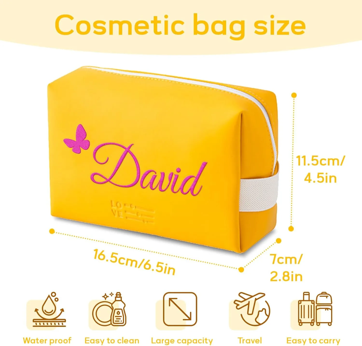 Personalized Makeup Bag, Custom Cosmetic Bag with Embroidered Name PU Leather Travel Organizer Toiletry Bag Make Up Bags, Gift for Bridesmaid Bride Wedding (Yellow)