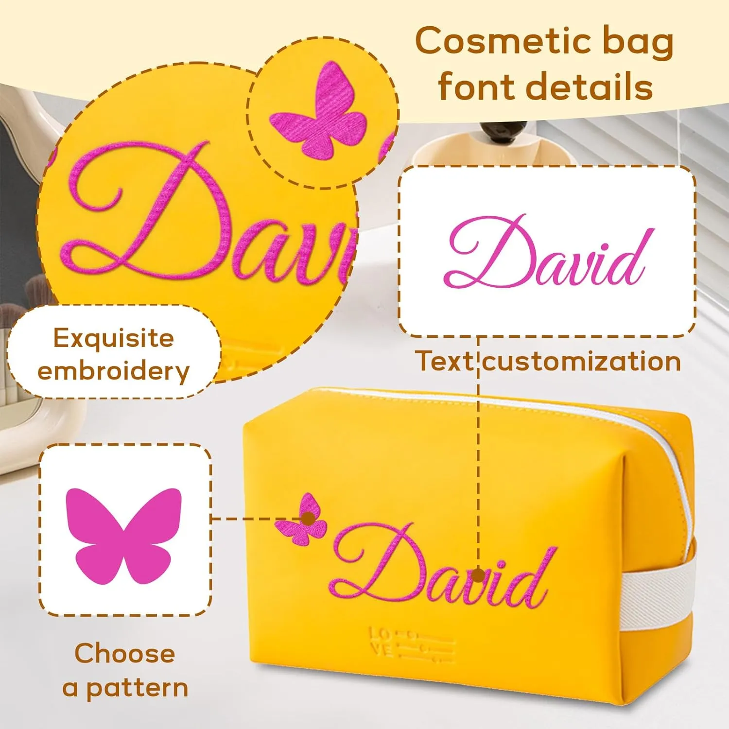 Personalized Makeup Bag, Custom Cosmetic Bag with Embroidered Name PU Leather Travel Organizer Toiletry Bag Make Up Bags, Gift for Bridesmaid Bride Wedding (Yellow)