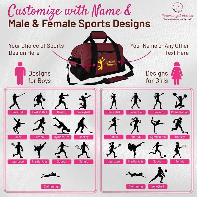 Personalized Passion Small Sports Duffel Bags for Kids - 14” Waterproof Travel Duffle with Embroidered Name & Boxing Design - Maroon Two-Toned Kids Weekender Bag for Boys and Girls