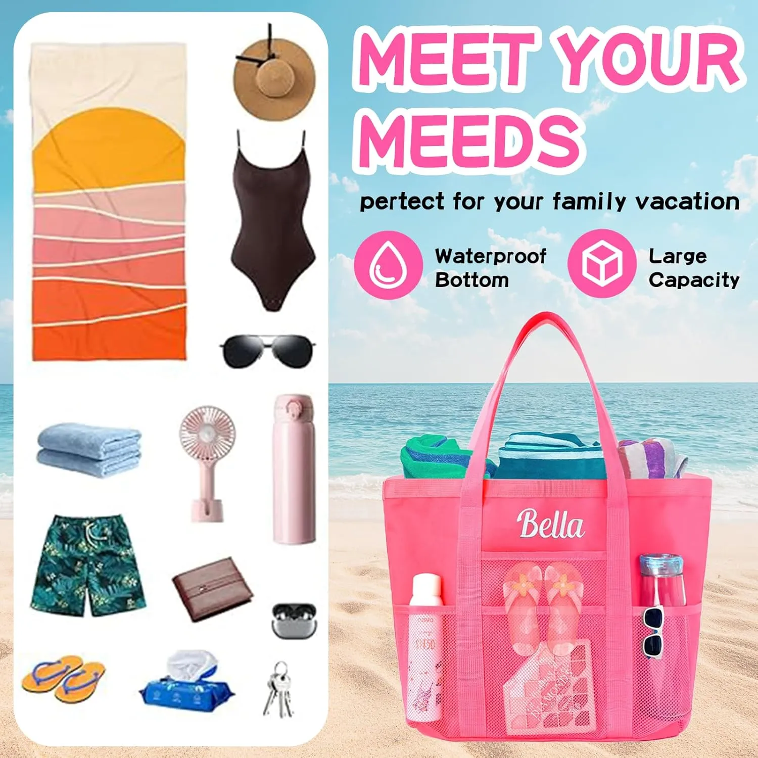 Personalized Pink Beach Bag with Embroidered Name,Foldable Travel Tote，Custom Tote Bag Travel Essential