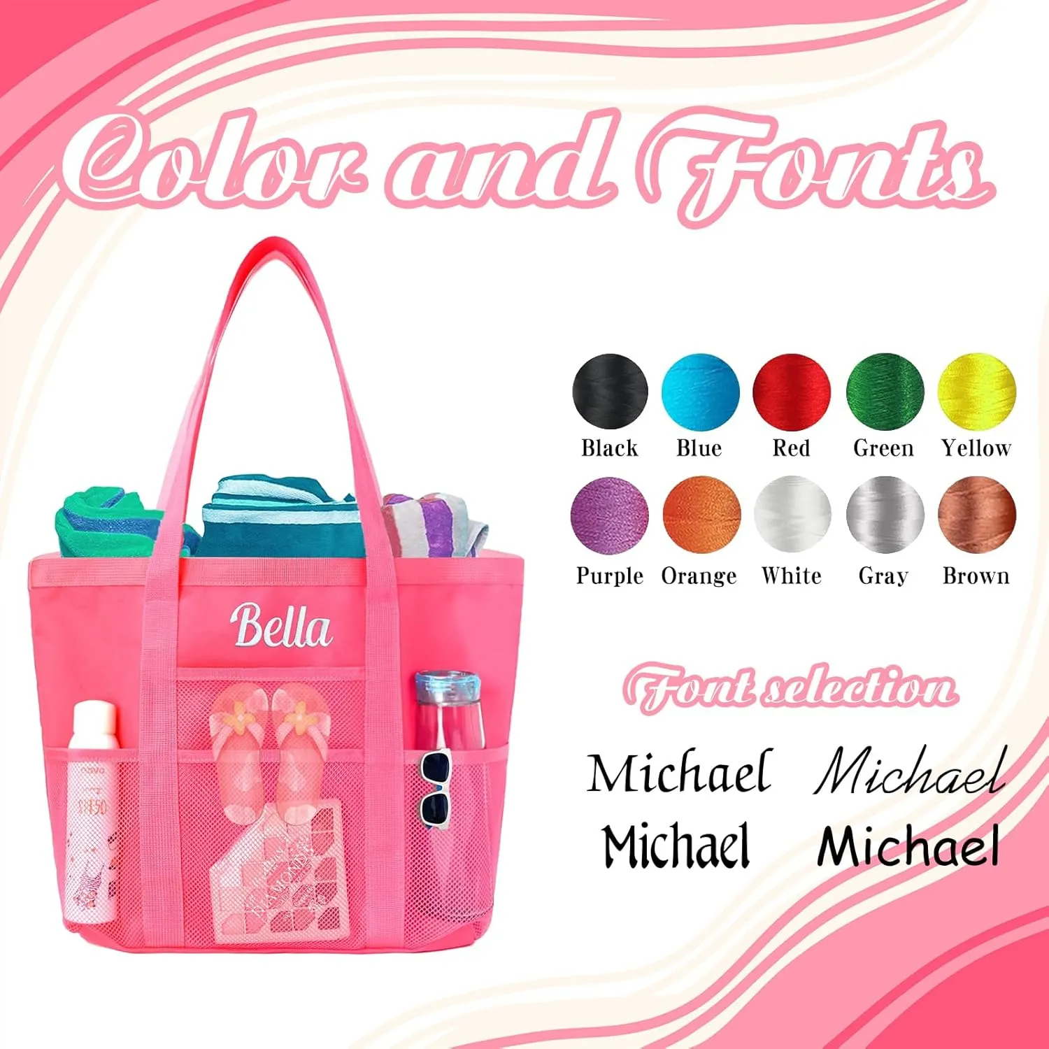 Personalized Pink Beach Bag with Embroidered Name,Foldable Travel Tote，Custom Tote Bag Travel Essential
