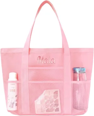Personalized Pink Beach Bag with Embroidered Name,Foldable Travel Tote，Custom Tote Bag Travel Essential