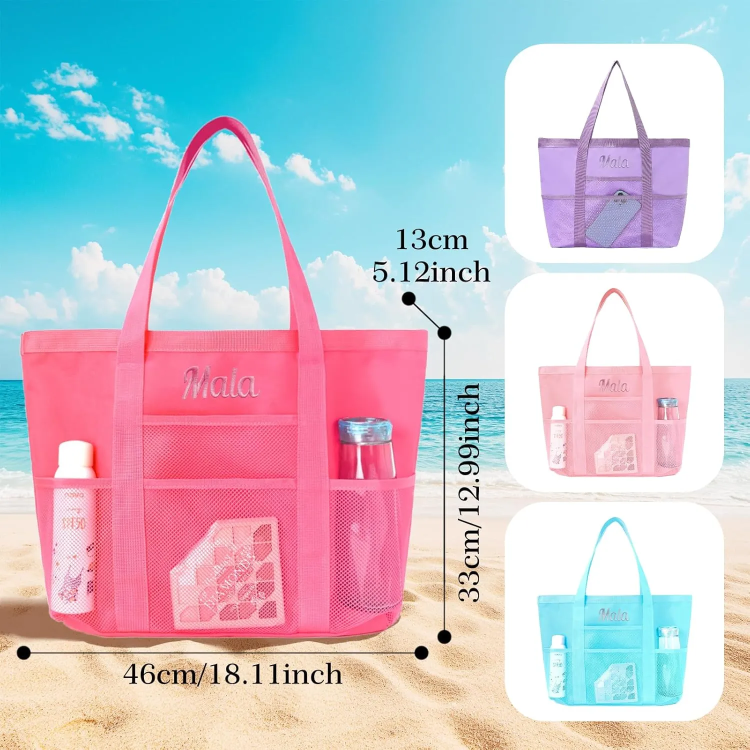 Personalized Pink Beach Bag with Embroidered Name,Foldable Travel Tote，Custom Tote Bag Travel Essential